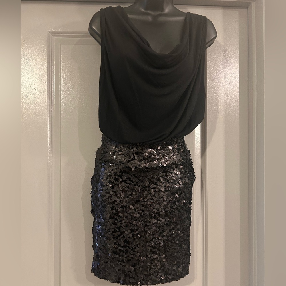 Cowl Front Bondage Sequin Skirt Jersey Dress